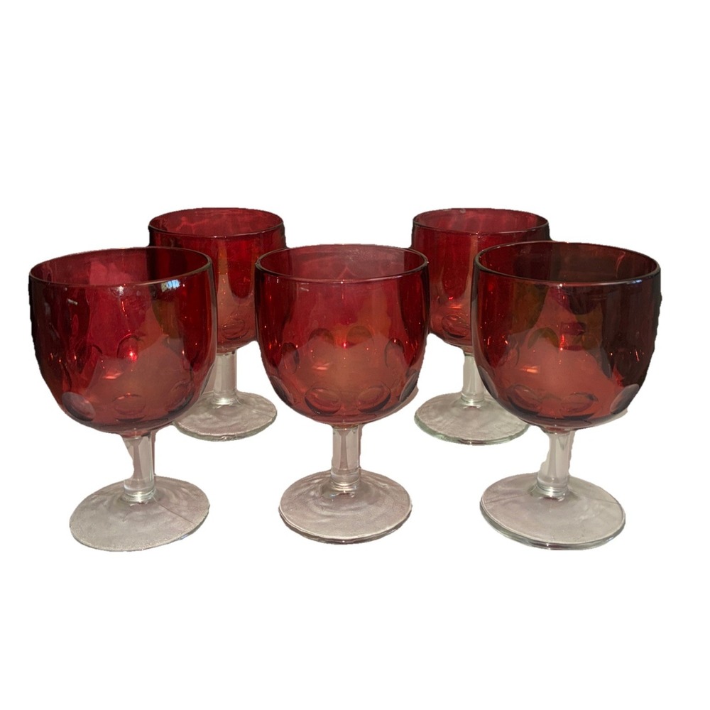 Vintage‎ Bartlett Collins Goblet Red Glass Thumbprint 6" Lot Of 5 *spots